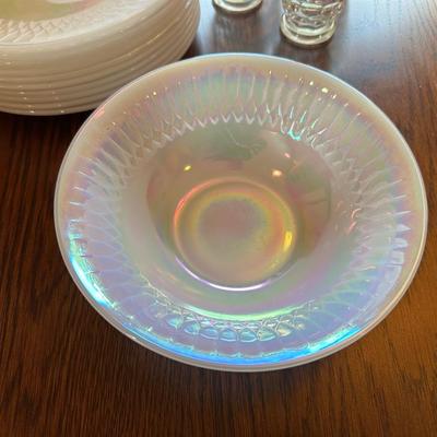IRIDESCENT FEDERAL GLASSWARE IN "MOONGLOW" PATTERN WITH THUMBPRINT TUMBLERS