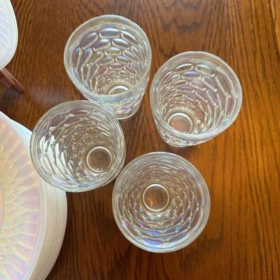 IRIDESCENT FEDERAL GLASSWARE IN "MOONGLOW" PATTERN WITH THUMBPRINT TUMBLERS