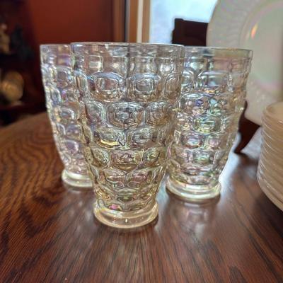 IRIDESCENT FEDERAL GLASSWARE IN "MOONGLOW" PATTERN WITH THUMBPRINT TUMBLERS