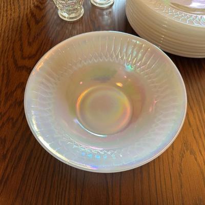 IRIDESCENT FEDERAL GLASSWARE IN "MOONGLOW" PATTERN WITH THUMBPRINT TUMBLERS