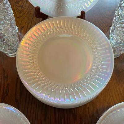 IRIDESCENT FEDERAL GLASSWARE IN "MOONGLOW" PATTERN WITH THUMBPRINT TUMBLERS