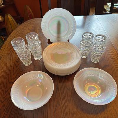 IRIDESCENT FEDERAL GLASSWARE IN "MOONGLOW" PATTERN WITH THUMBPRINT TUMBLERS