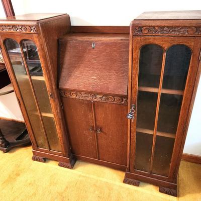 Lot #166 Oak Art Nouveau Drop down desk with Double Bookcase - ca. 1910