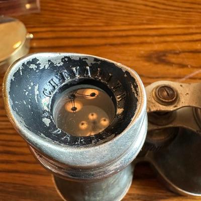 ANTIQUE CHEVALIER PARIS BINOCULARS, COMPASS AND WOODEN BOX