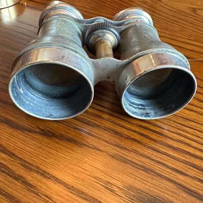 ANTIQUE CHEVALIER PARIS BINOCULARS, COMPASS AND WOODEN BOX