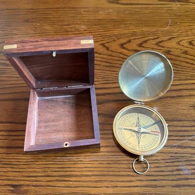 ANTIQUE CHEVALIER PARIS BINOCULARS, COMPASS AND WOODEN BOX