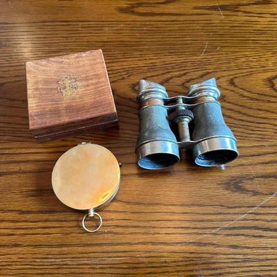 ANTIQUE CHEVALIER PARIS BINOCULARS, COMPASS AND WOODEN BOX