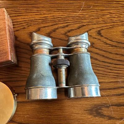 ANTIQUE CHEVALIER PARIS BINOCULARS, COMPASS AND WOODEN BOX