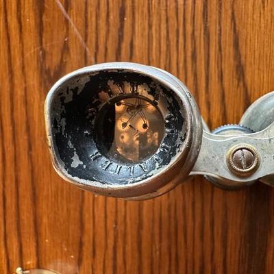 ANTIQUE CHEVALIER PARIS BINOCULARS, COMPASS AND WOODEN BOX