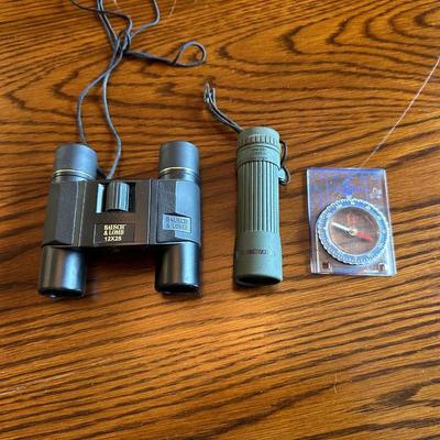 BAUSCH & LOMB 12X25 BINOCULARS, WINCHESTER MONOCULAR SPOTTING SCOPE & COMPASS