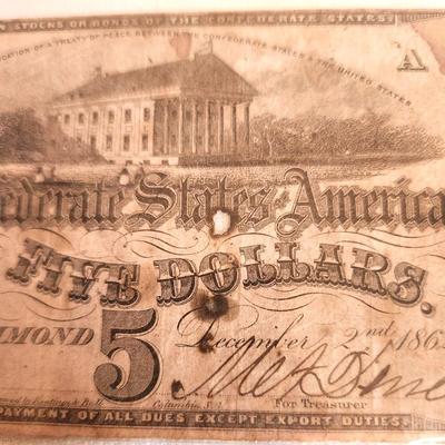Lot #170 Confederate $5.00 bill - Richmond, VA - dated 2 Dec 1862
