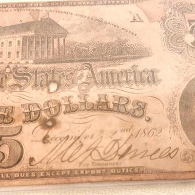 Lot #170 Confederate $5.00 bill - Richmond, VA - dated 2 Dec 1862