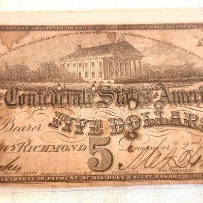 Lot #170 Confederate $5.00 bill - Richmond, VA - dated 2 Dec 1862