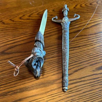 ORNATE DAGGER AND A RAM HEAD HANDLE FIXED BLADE KNIFE