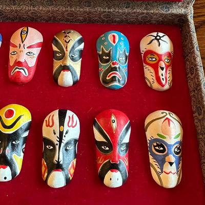 TIBETAN TINGSHA CHIME, SMALL CHINESE OPERA MASKS & A MORTAR AND PESTLE