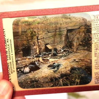 Lot #177 50 World War 1 era Magic Lantern Slides in Slotted wooden Box