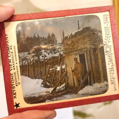 Lot #177 50 World War 1 era Magic Lantern Slides in Slotted wooden Box