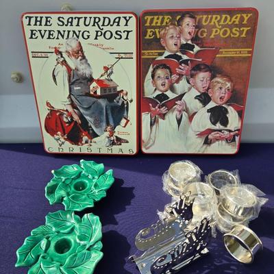 Sale Photo Thumbnail #46: Chrustmas lot includes
8 silver napkin rings
Sleigh napkin holder
2 ceramic candle holders
2 tin containers