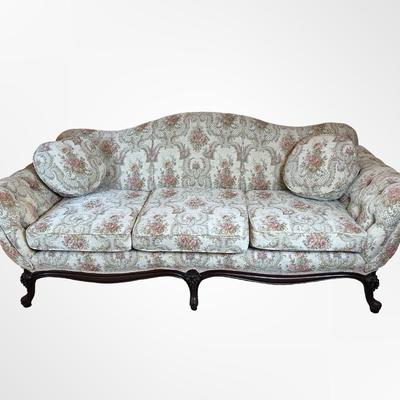 Vintage Carved Wood Sofa with Floral Upholstery