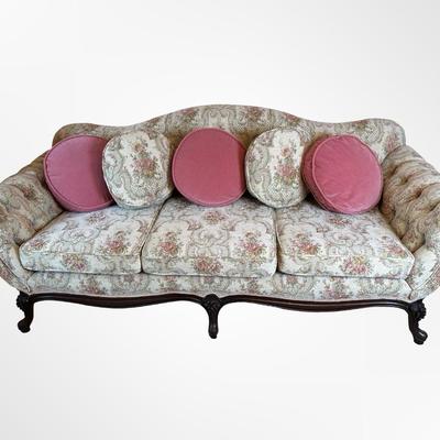 Vintage Carved Wood Sofa with Floral Upholstery