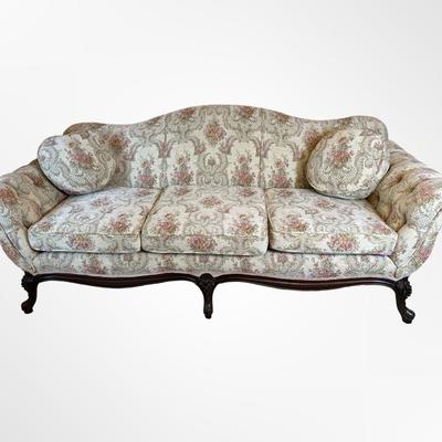Vintage Carved Wood Sofa with Floral Upholstery