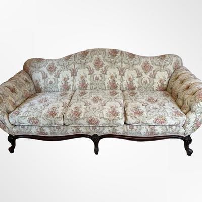 Vintage Carved Wood Sofa with Floral Upholstery