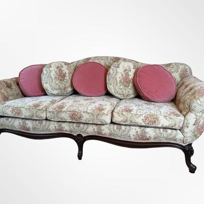 Vintage Carved Wood Sofa with Floral Upholstery