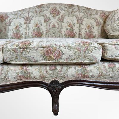 Vintage Carved Wood Sofa with Floral Upholstery