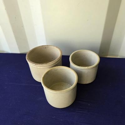Sale Photo Thumbnail #68: Lot of 3 unmarked crocks
1-5" crock
2- 4.5 inch crock
