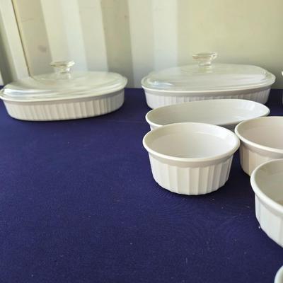 Sale Photo Thumbnail #70: Large Lot of Corning French White
4 casseroles/ 3 lids
2 small casseroles
7 ramikins
2 small containers