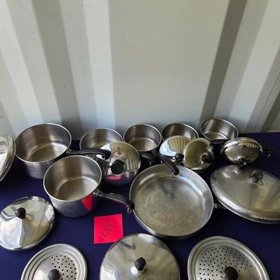 Sale Photo Thumbnail #78: Faberware Aluminum clad stainless steel pans with lids in nice usable condition