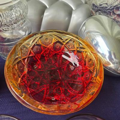Sale Photo Thumbnail #94: Braided loaf oan, metal easter egg container, carnival glass dish, 3 purple glass containers & misc other pieces
