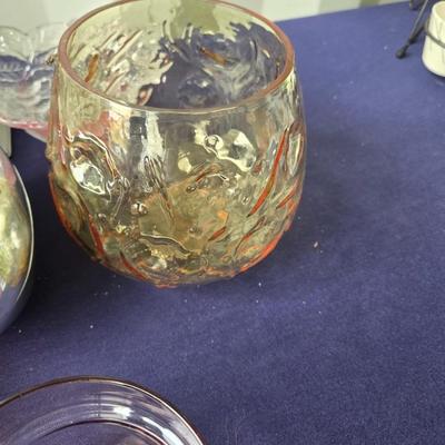 Sale Photo Thumbnail #95: Braided loaf oan, metal easter egg container, carnival glass dish, 3 purple glass containers & misc other pieces