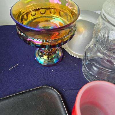 Sale Photo Thumbnail #93: Braided loaf oan, metal easter egg container, carnival glass dish, 3 purple glass containers & misc other pieces