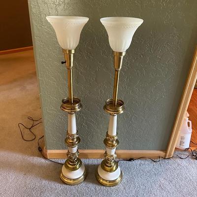 PAIR OF STIFFEL LAMPS WITH MILK GLASS SHADES