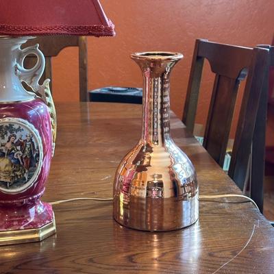VINTAGE VICTORIAN STYLE LAMP, COPPER COLORED VASE AND METAL BUD VASE