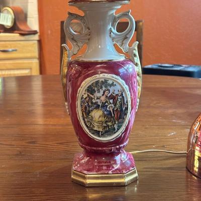 VINTAGE VICTORIAN STYLE LAMP, COPPER COLORED VASE AND METAL BUD VASE