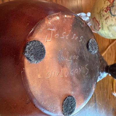 CLAY POT SIGNED JOSE SOSA, FLOATING GLOBE AND A SMALL LAMP