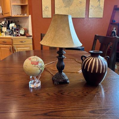 CLAY POT SIGNED JOSE SOSA, FLOATING GLOBE AND A SMALL LAMP