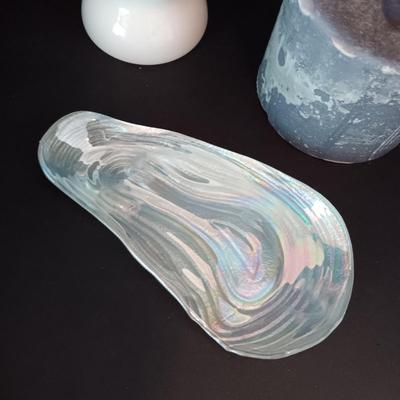FLORAL VASE, CANDLE, IRIDESCENT DISH AND A PAIR OF CANDLE HOLDERS