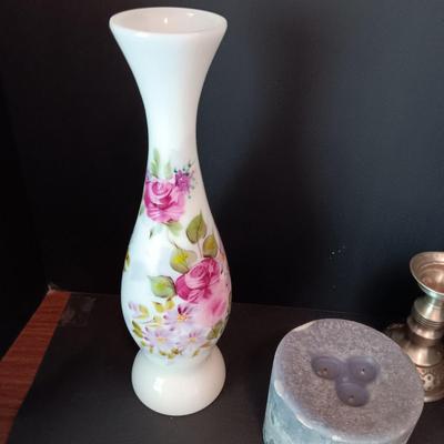 FLORAL VASE, CANDLE, IRIDESCENT DISH AND A PAIR OF CANDLE HOLDERS