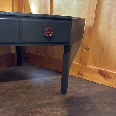 CORNER TABLE WITH DRAWER AND FAUCET DRAWER PULLS
