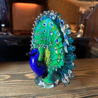 BEAUTIFUL GLASS AND OTHER PEACOCK PLUS A WHITE BIRD
