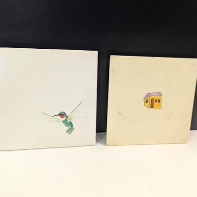 Antique Hand Painted Tiles Hummingbird & Little House