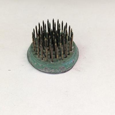 1950's Green Metal Needle Pin Flower Frog Lead/Brass Holder