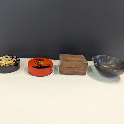 Antique Wooden Stamp Box Vintage Tin Gold Butterfly Ribbon Tin & Japanese Trinket Box & Black & White Bone Bowl