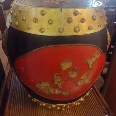 Vintage Black and Red Chinese Rice Barrel