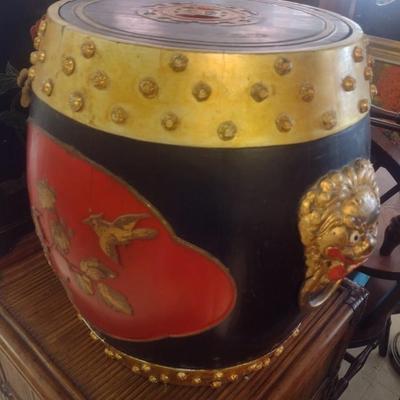 Vintage Black and Red Chinese Rice Barrel