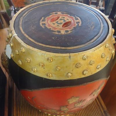 Vintage Black and Red Chinese Rice Barrel