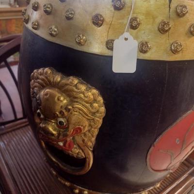 Vintage Black and Red Chinese Rice Barrel